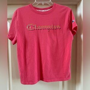 Champion T Shirt Womens Size Large Short Sleeve Pink Graphic Letter Tee